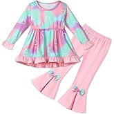 SOLOYEE Toddler Girl Clothes Girls Fall Winter Outfits, Ruffle Long Sleeved Floral Shirts Top + Bell-Bottoms Flare Pants Set