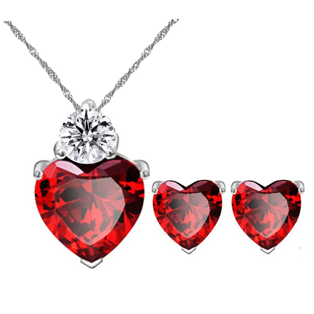 Uloveido Red Crystal Heart Necklace and Stud Earrings, Simulated Ruby Birth Stone Promise Wedding Engagement Jewelry Set for Women Girls BME53-Red