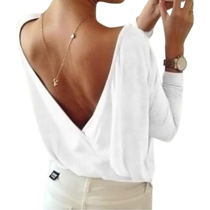 Minetom Sommer Damen Tops Oberteil Bluse Party Pullover Frühjahr Rundhals Langarm Bluse Rückenfrei Loose T Shirt