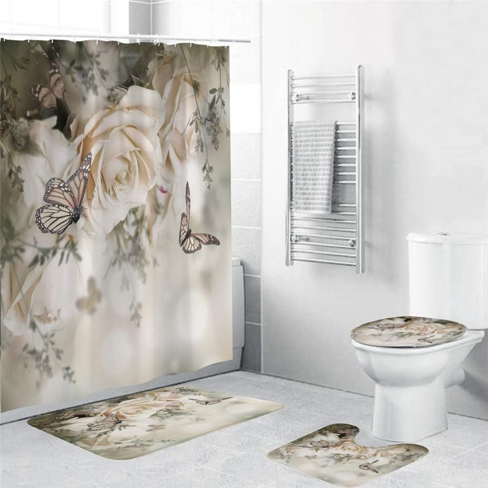 FNMDP 3D Digital Printing Shower Curtain Sets with Non-Slip Rugs, Toilet Lid Cover And Bath Mat, Shower Curtains with 12 Metal Hooks,set of 4