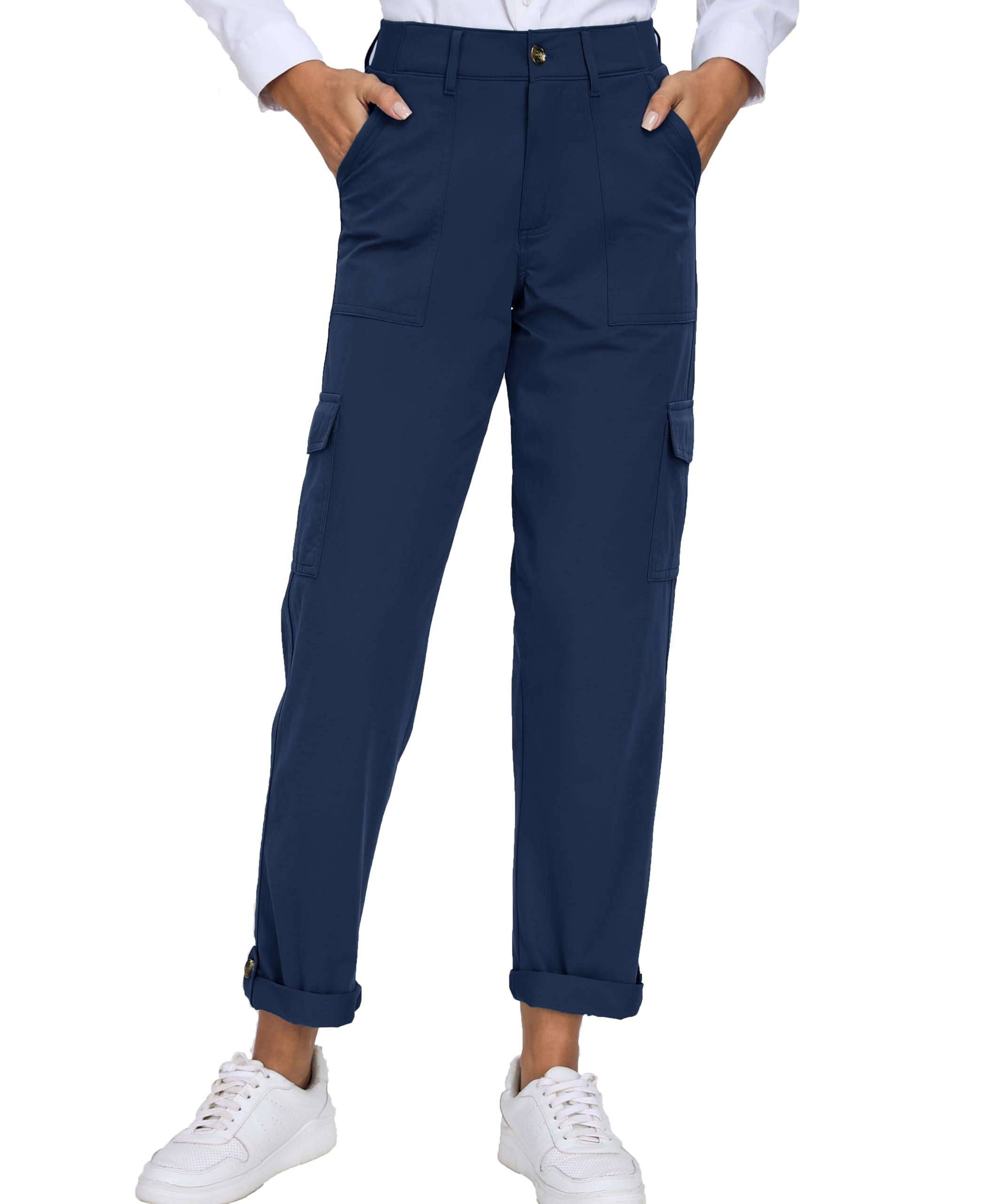 Photo 1 of Oalka Women's Hiking Cropped Capri Pants Relaxed Fit Stretchy Knit Waist Casual Outdoor Travel Pant 29 Inches Navy Blue XXXL