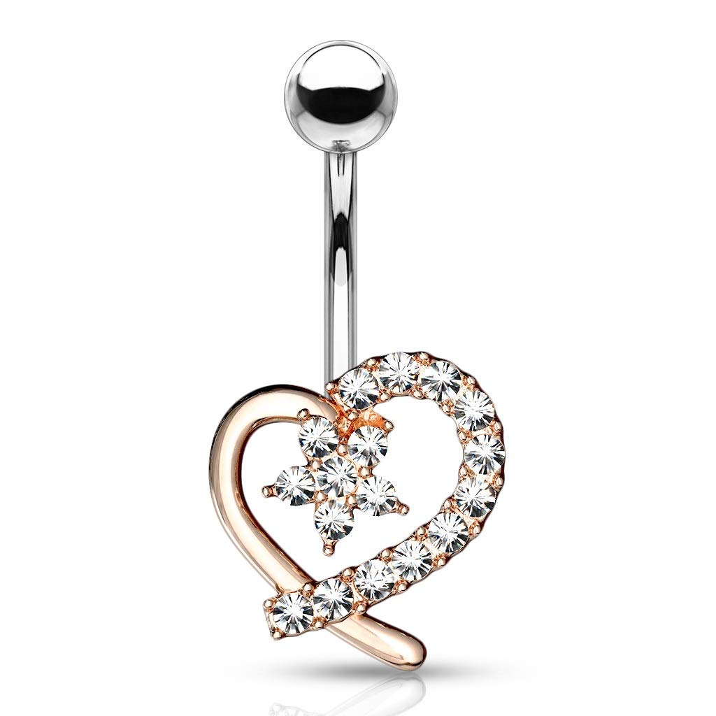 PiercedOff 361L Surgical Steel Rose Gold Tone Belly Bar with Clear CZ Paved Hollow Heart and Flower Cente - Thickness 14GA (1.6mm) / Length 10mm / Ball Size 5mm and Heart Size is 12mm