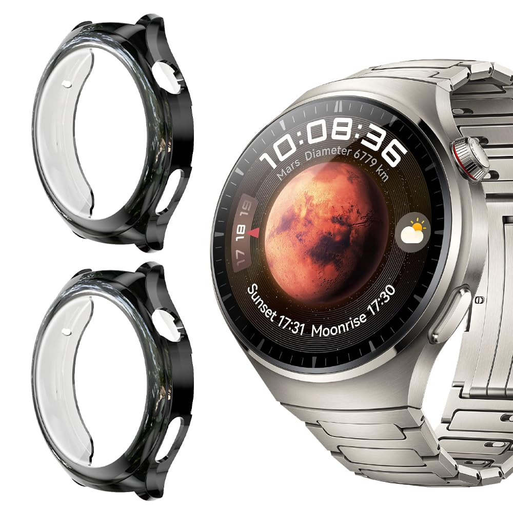 Niboow Case [2 Pack] for Huawei Watch 4 Pro, with Screen Protector, Flexible TPU Shockproof Scratch Proof Cover Case for Huawei Watch 4 Pro - Black + Black