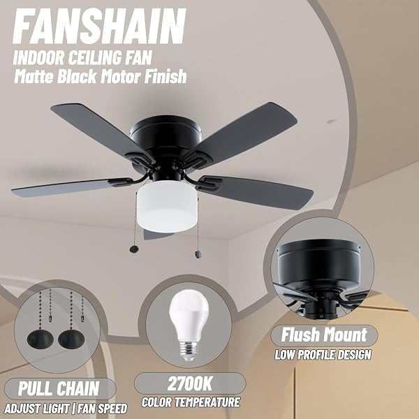 FANSHAIN 42″ PULL CHAIN CEILING FAN: TRADITIONAL FLUSH MOUNT CEILING FAN WITH LIGHT – LED BULB – DUAL FINISH BLADES – REVERSIBLE FUNCTION FOR BEDROOM – BLACK