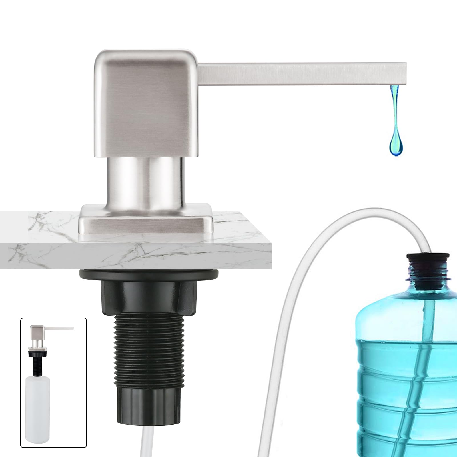 CREA Built-in Countertop Soap Dispenser for Sink with 17 OZ Bottle and 39" Extension Tube Kit, Refill from Top, Stainless Steel