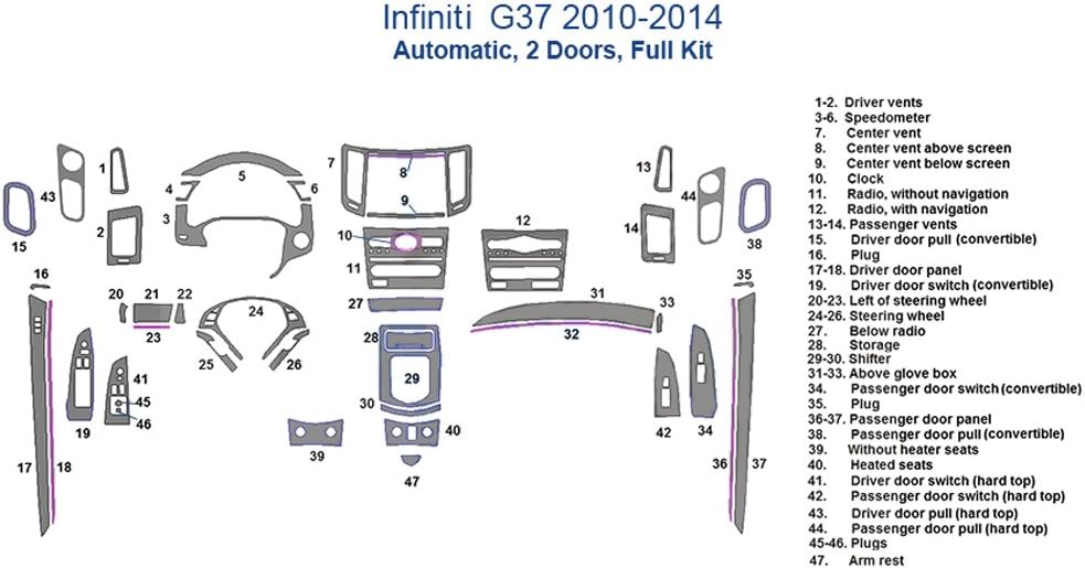 Infiniti G37 Full Dash Trim Kit, 2 Doors, Automatic - Japanese Cherry Wood