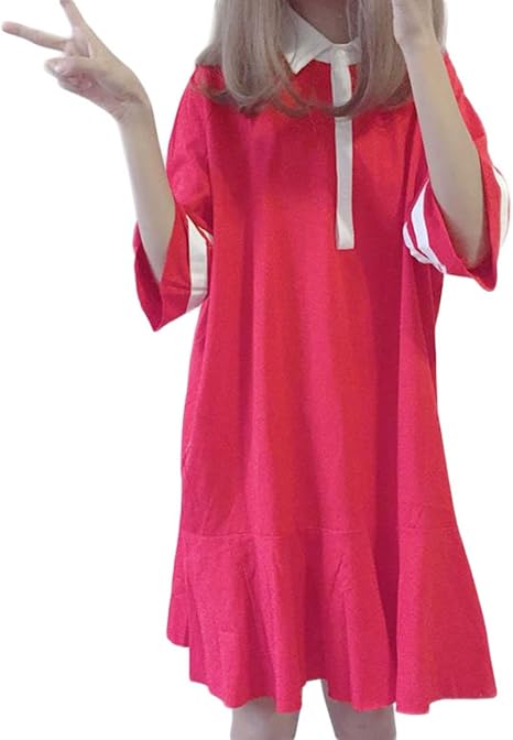 Amazon Bscool女 森ガール ワンピース レディース 春 夏 ワンピ ふんわり 半袖 セーラー襟 大人 きれいめ 膝丈 レッド ワンピース チュニック 通販