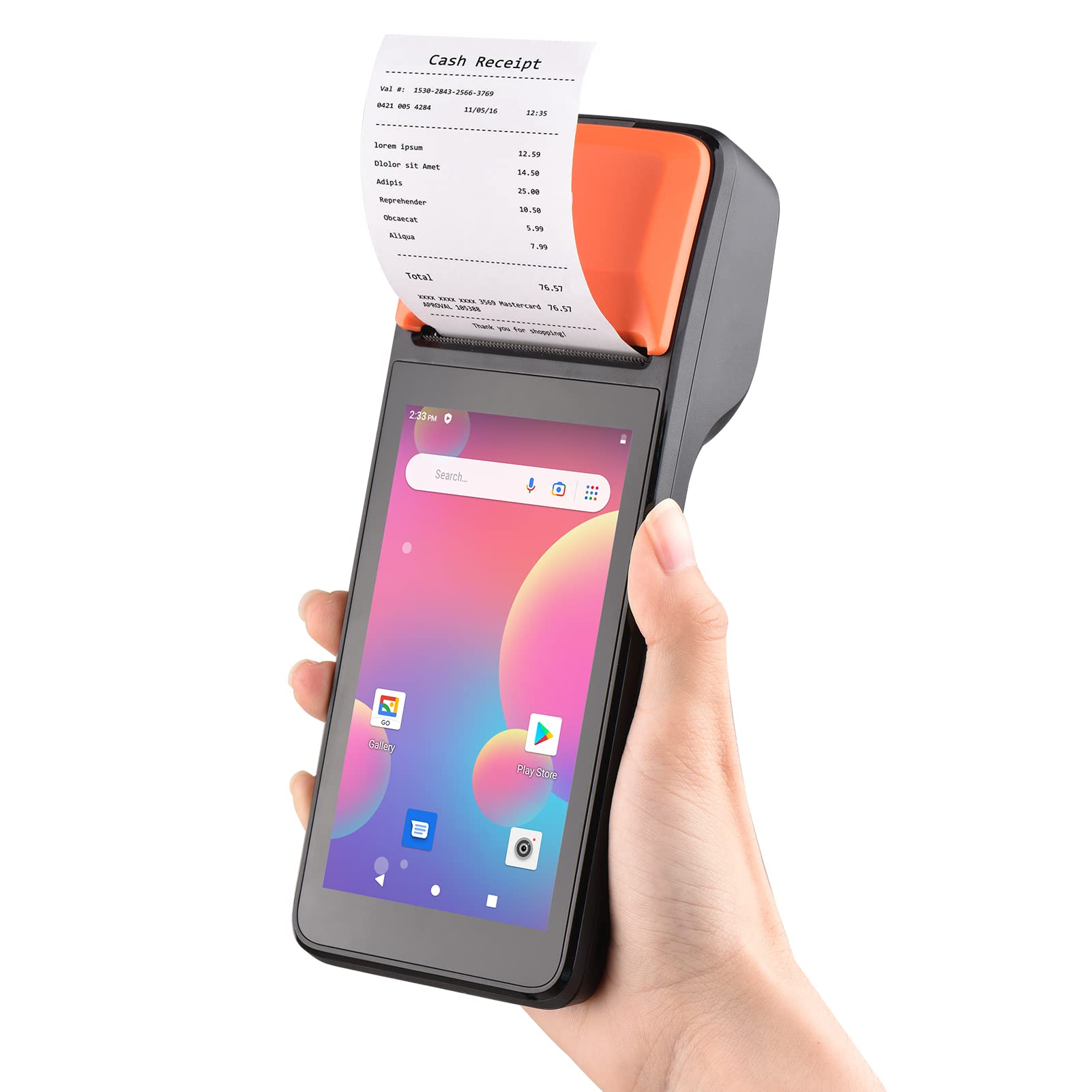 Photo 1 of Bisofice Handheld 3G POS Receipt Printer Android 8.1 1D/2D Barcode Scanner PDA Terminal 3G WiFi BT Communication with 5.0 Inch Touchscreen 58mm Width Thermal Label Printing for Supermarket