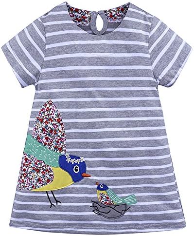 Girls Bird Cotton Casual Dresses, Toddler Cute Stripe Animal Applique Short Sleeve Dress(Bird3,6T)