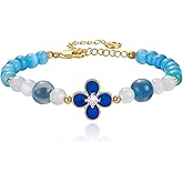 Cicy Bell 18K Gold Plated Bracelets for Women Lucky Four Leaf Clover Dainty Cubic Zirconia Charm Colorful Beads Adjustable Bracelet Trendy Friendship Jewelry Accessories