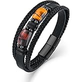 VA JENT Mens Leather Bracelet Natural Tiger Eye Protection Multilayer Braided Wristband Bangle Gifts for Him