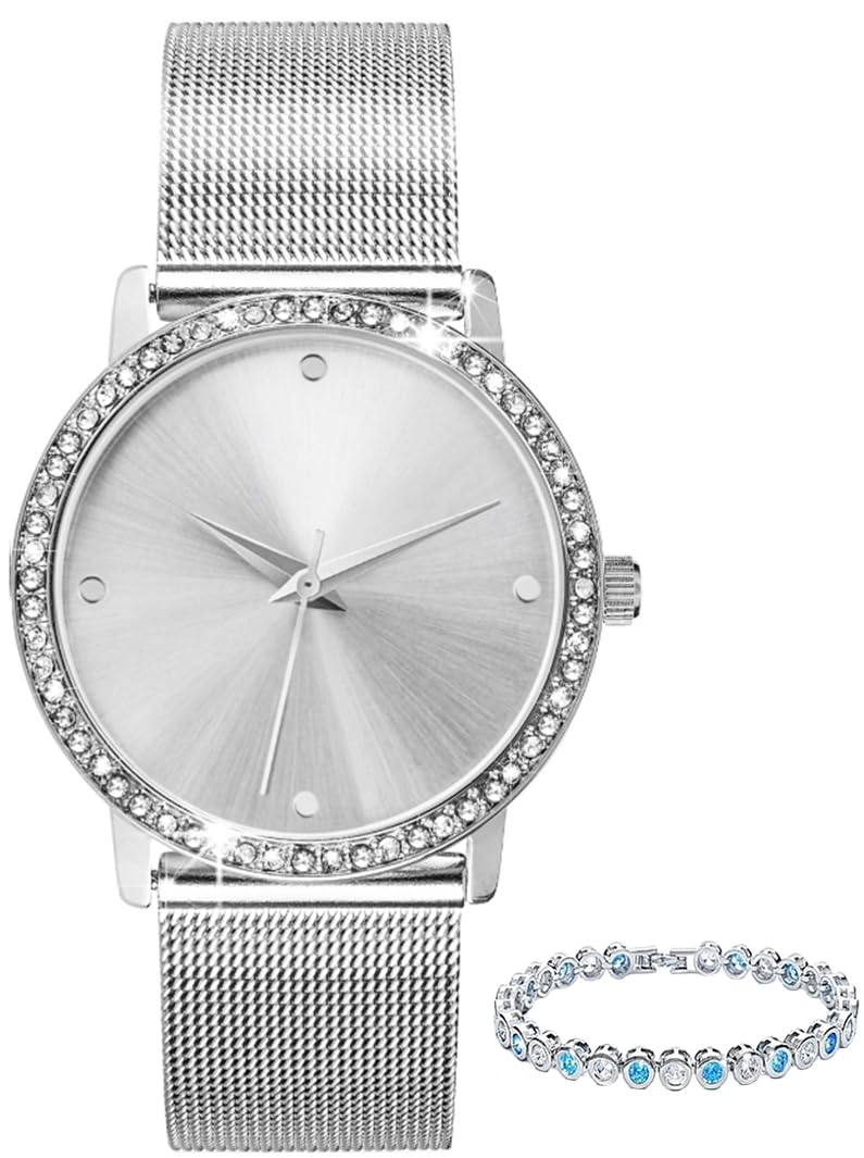 Crystal Blue Damen Armbanduhr Silber Edelstahl Milanaise Mesh Armband klar Zirkonia mit Tennisarmband aquamarin 22296