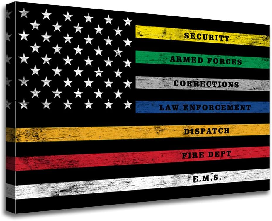 AMART SUN American Flag Poster Wall Art Canvas Framed Room Decor · EMT/EMS Military Police Fire Fighters Dispatchers Responder Thin Multi Line Red Blue Green White Support USA Flag