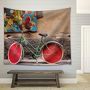 Antique Bicycle with Watermelon Slice Shaped Wheels in The Street - Fabric Wall Tapestry Home Decor - 51x60 inches