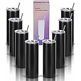 Wzaytia 20 Oz Stainless Steel Straight Skinny Tumbler Set (8 Pack), Insulated Slim Thin Travel Cup with Lid, Black