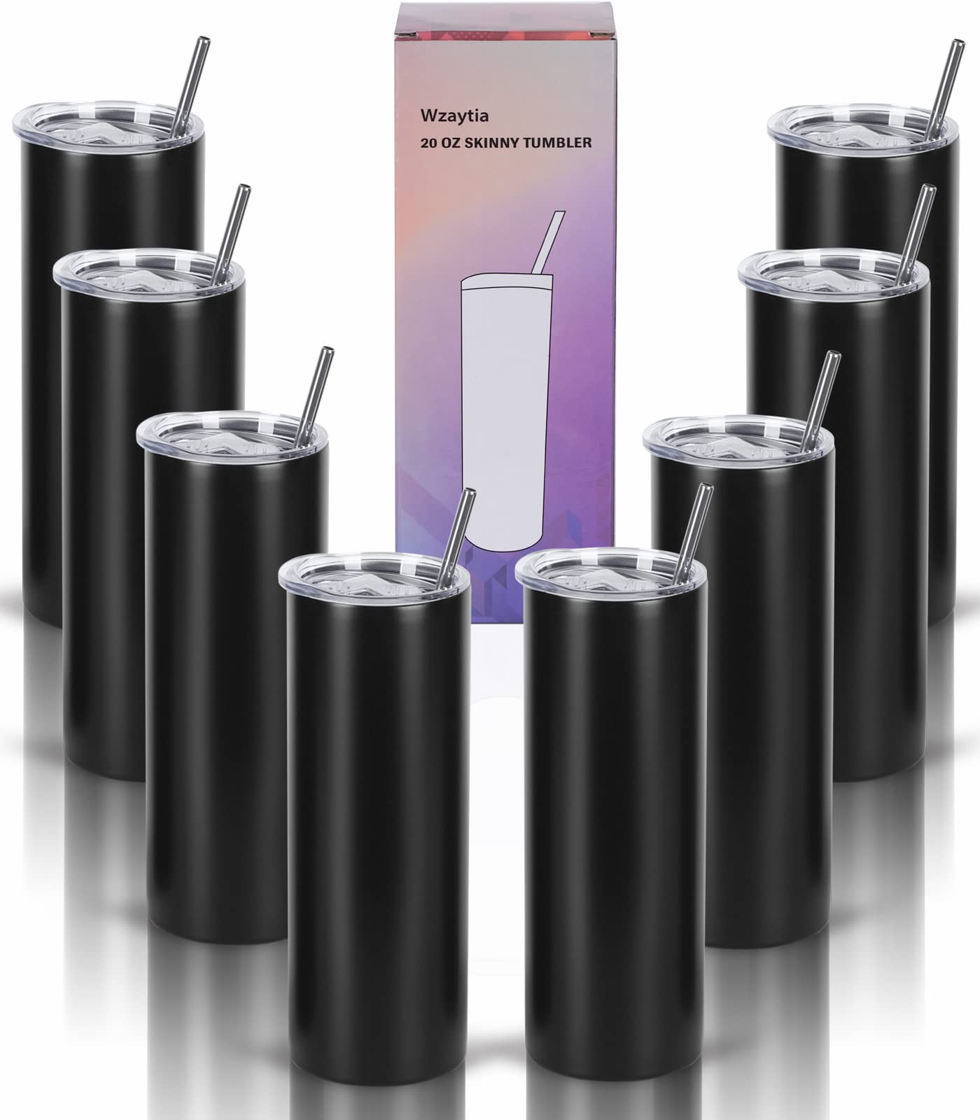 Photo 1 of Wzaytia 20 Oz Stainless Steel Straight Skinny Tumbler Set (8 Pack), Insulated Slim Thin Travel Cup with Lid, Black