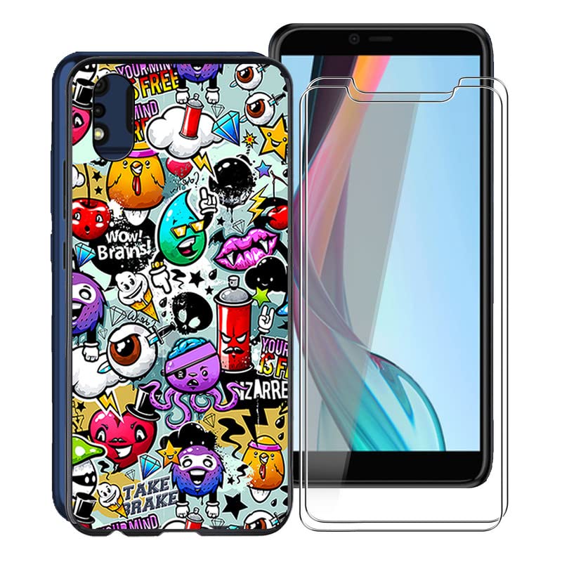 KJYF For IMO Q5 Case and Screen Protector, Black Fashion Soft TPU Shockproof Cover + [2 PACK] HD Tempered Glass Protective Film For IMO Q5 (5.50") - Graffiti