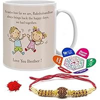 Indigifts Raksha Bandhan Gift Set Of Mug 330 Ml, Crystal Rakhi For Brother, Roli, Chawal & Greeting Card