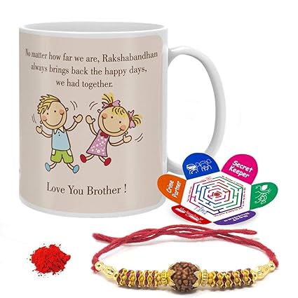 Indigifts Raksha Bandhan Gift Set Of Mug 330 Ml, Crystal Rakhi For Brother, Roli, Chawal &