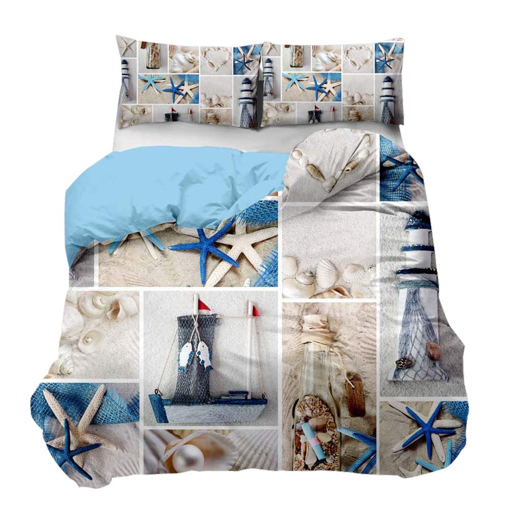 Loussiesd Beach Duvet Cover Set King Size Ocean Themed Bedding Set Starfish Seashell Print Comforter Cover Soft Microfiber Quilt Cover with 2 Pillow Shams, Summer Sea Navigation Style 3 Pieces, Zipper