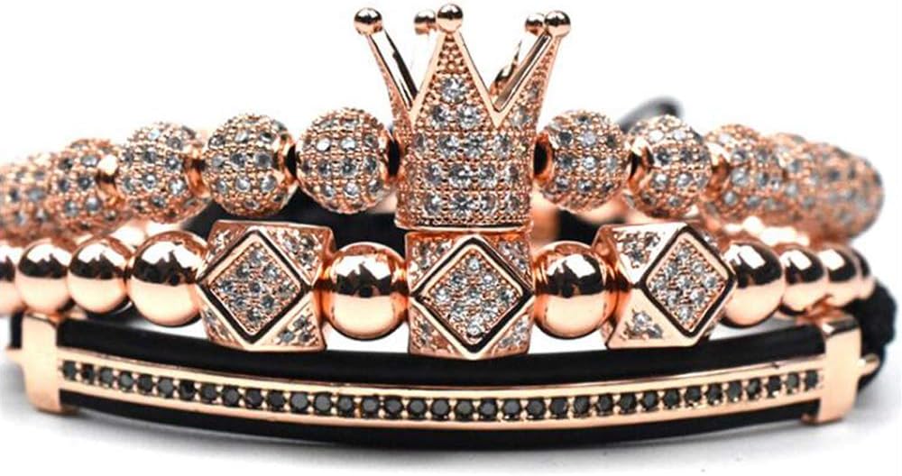 Guchao Imperial Crown King 18K Gold CZ Beads Bracelet Luxury Charm Fashion Jewelry For Men Women (Rose Gold)
