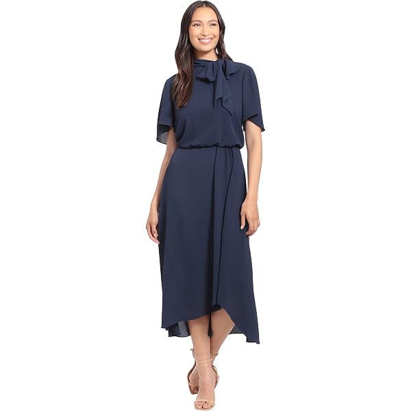 chinese dress ladies London Times Women's Dresses Shirred Jewel Neck Pleated Ruched Sleeve  Elastic Waist Midi Dress, Navy, 16 at Amazon Women's Clothing store