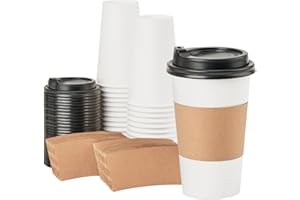 RACETOP Disposabe Coffee Cups with Lids and Sleeves 16 oz 50 Pack, Hot Paper Coffee Cups with Lids, To Go Cups with Lids, Ideal for To Go Coffee, Travel, Office, Home