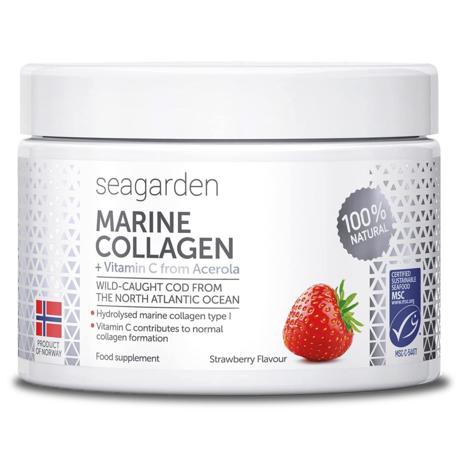 Hydrolysed Marine Collagen Powder + Vitamin C (150g/30 serv.), Type I, MSC–Certified Wild-Caught Arctic Cod, Supplements for Women & Men, Skin, Hair, Nails, Soluble Strawberry Taste