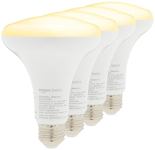 Amazon Basics Smart BR30 LED Light Bulb, Dimmable Soft White (2700K), 9W (60W Equivalent), 800LM, Works with Alexa Only, 2.4 GHz Wi-Fi, No Hub Required, 4 Pack
