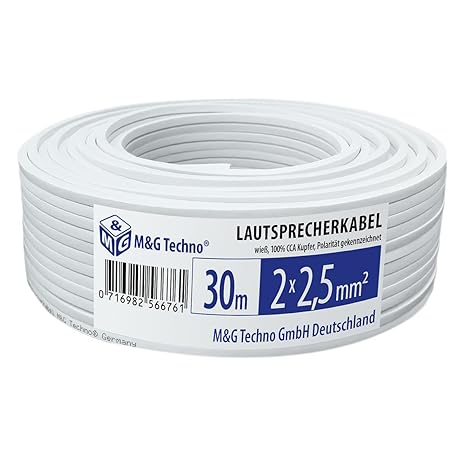 30m Lautsprecherkabel, weiß, rechteckig, flach, 2x2,5mm², Boxenkabel