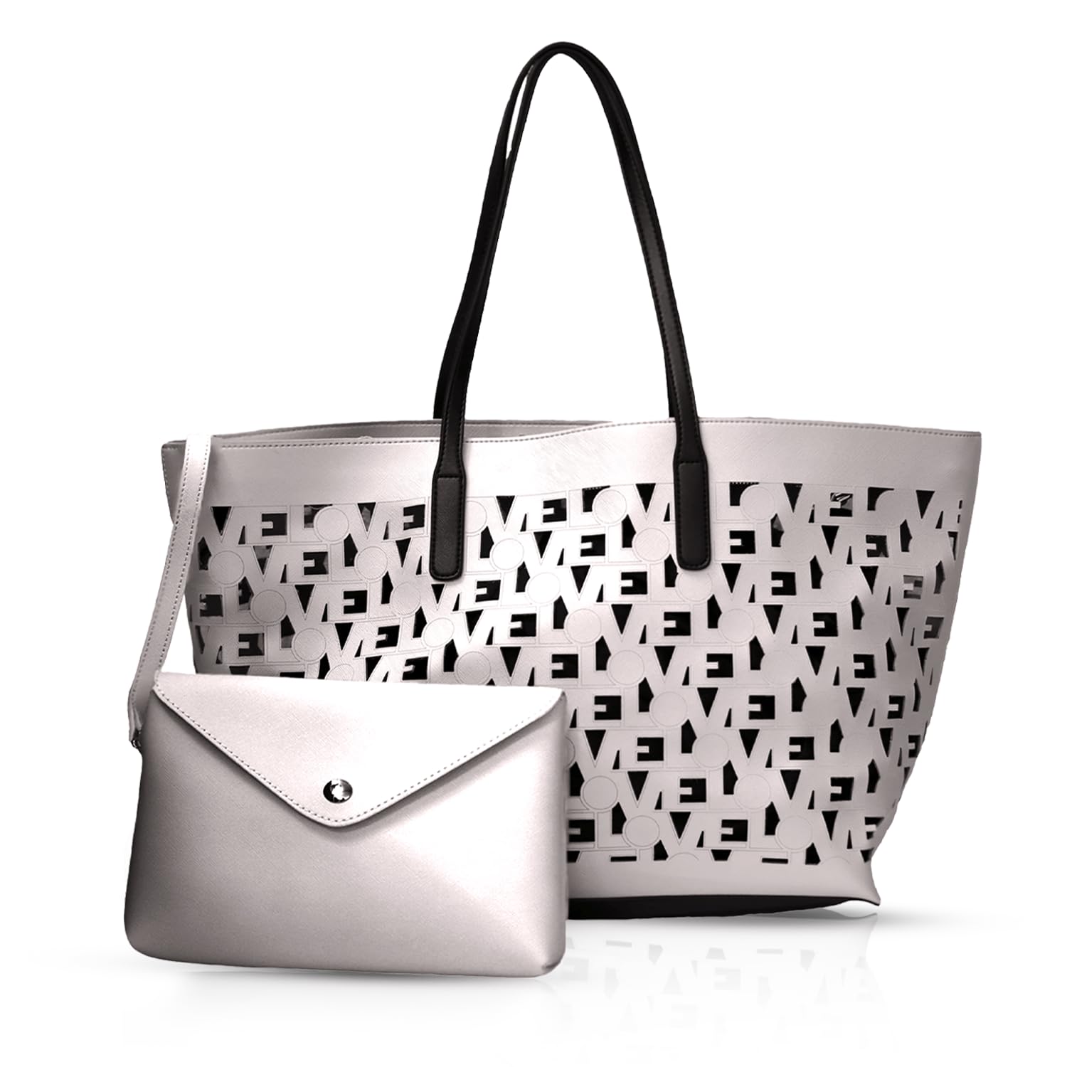 Photo 1 of Love, Zero Negative - Love Tote | Designer Shoulder Bag | Tote Bag with Zipper | Large Tote for Women | Purses for Women Clearance | Vegan Leather Tote Bag | Removable Makeup Bag (Silver)