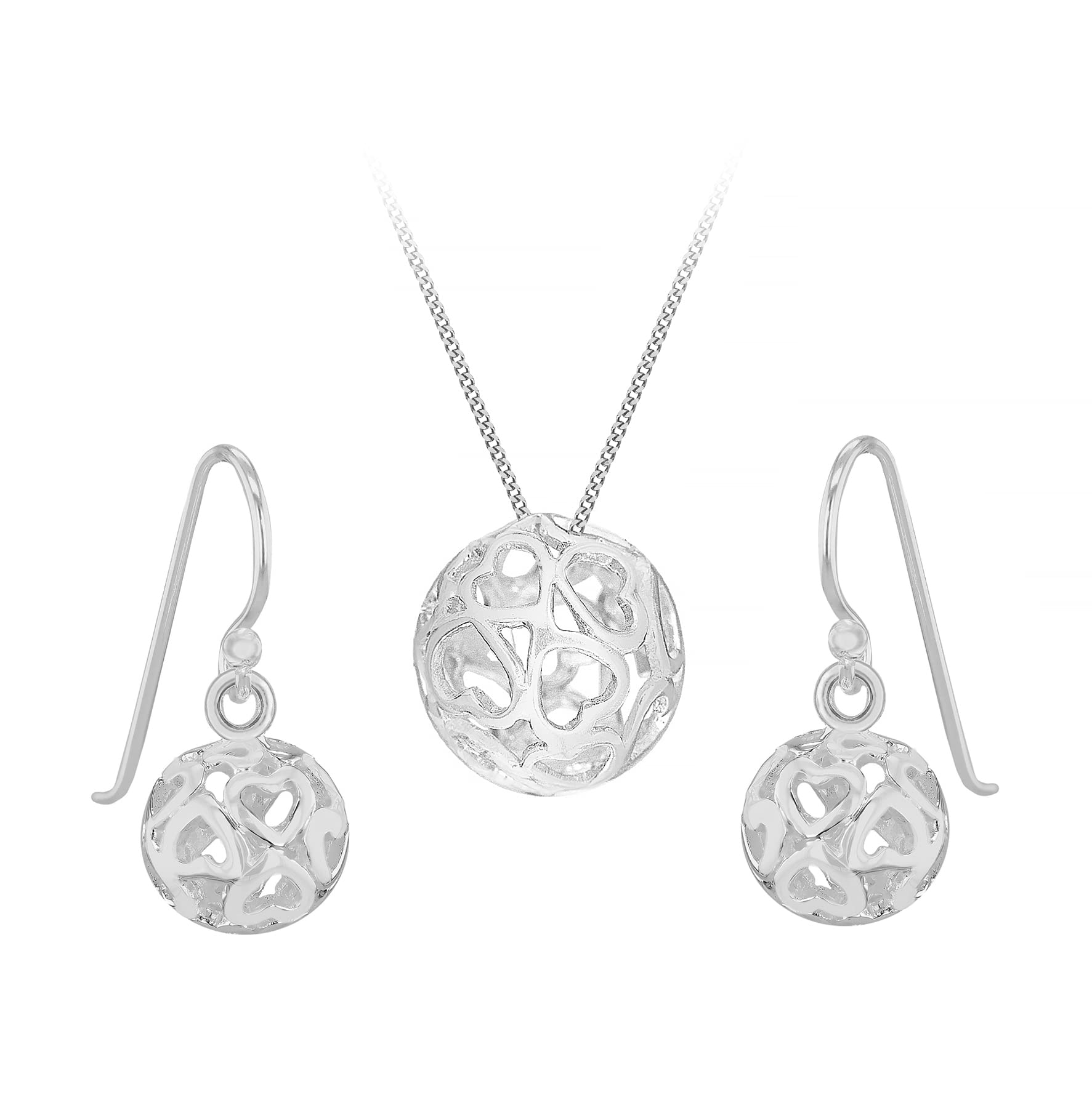 Tuscany Silver Women's Sterling Silver Set of Filigree Heart Ball Earrings and Pendant on Curb Chain of 46cm/18"