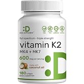 DEAL SUPPLEMENT Vitamin K2 Supplement 600mcg, 180 Coconut Oil Softgels | Full Spectrum High Absorption MK-7 &amp; MK-4 Forms | Bone, Joint, &amp; Immune Support &ndash; Non-GMO