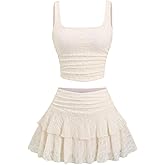 SHENHE Women's Two Piece Skirt Set Lace Ruched Fairy Crop Tank Tops and Layered Ruffle Skirt