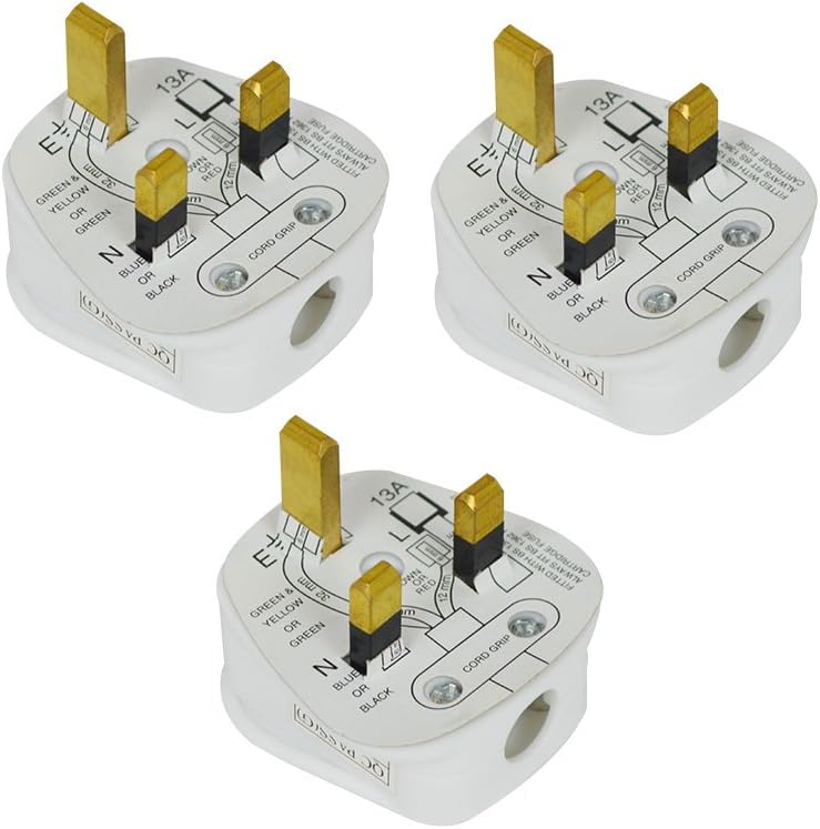 STATUS 13A 3‑Pin White Electrical Plug Tops, Pack of 3, BS1363‑Compliant with Cord Grip, CE Certified & Recyclable