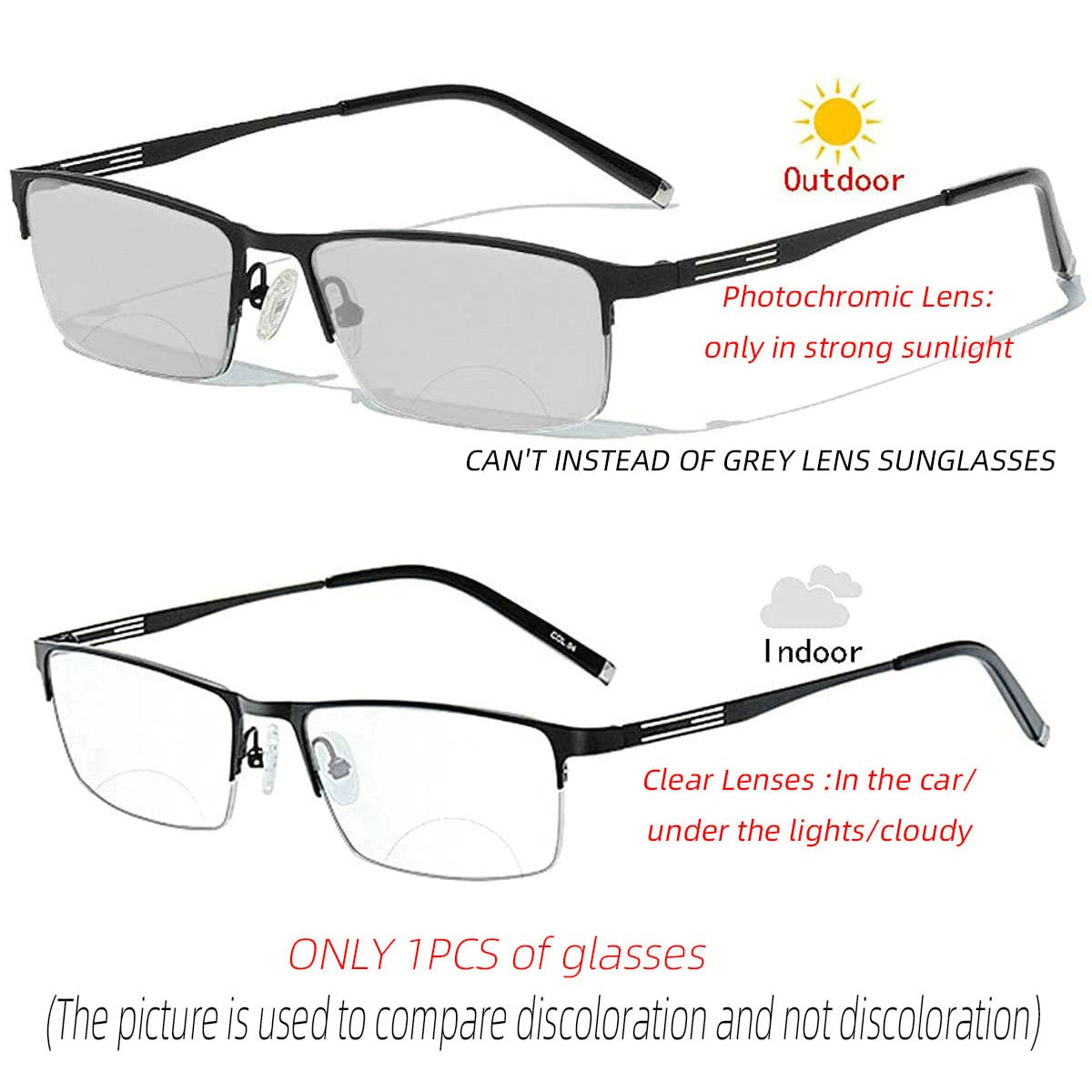 Condition photo showing New/Like New for laureles bifocal reading glasses men business sun photochromic lens metal half frame fashion transit