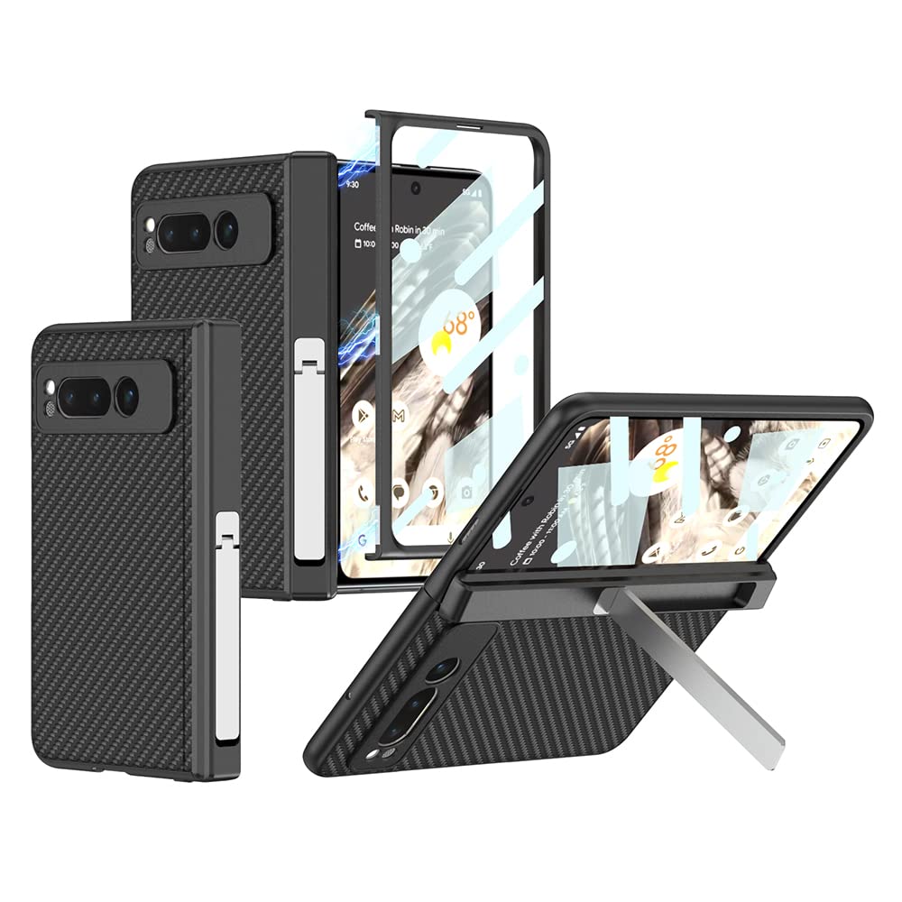 FODDOM for Google Pixel Fold Case, Hinge Leather Case Built-in Kickstand & Front Glass, Magnetic 360-degree All-Inclusive Shockproof Cover for Google Pixel Fold 5G (Carbon Fiber) — image 1