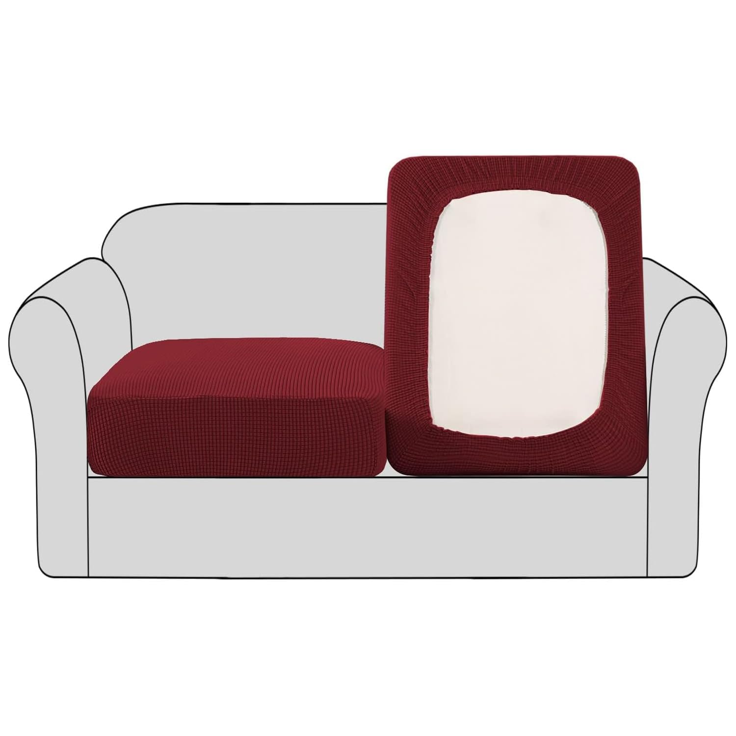 BellaHills Stretch Sofa Seat Cushion Cover Sofa Couch Cushion Furniture Protector Sofa Slipcover with Elastic Bottom Spandex Jacquard Fabric Small Checks(2 Pieces, Burgundy Red)