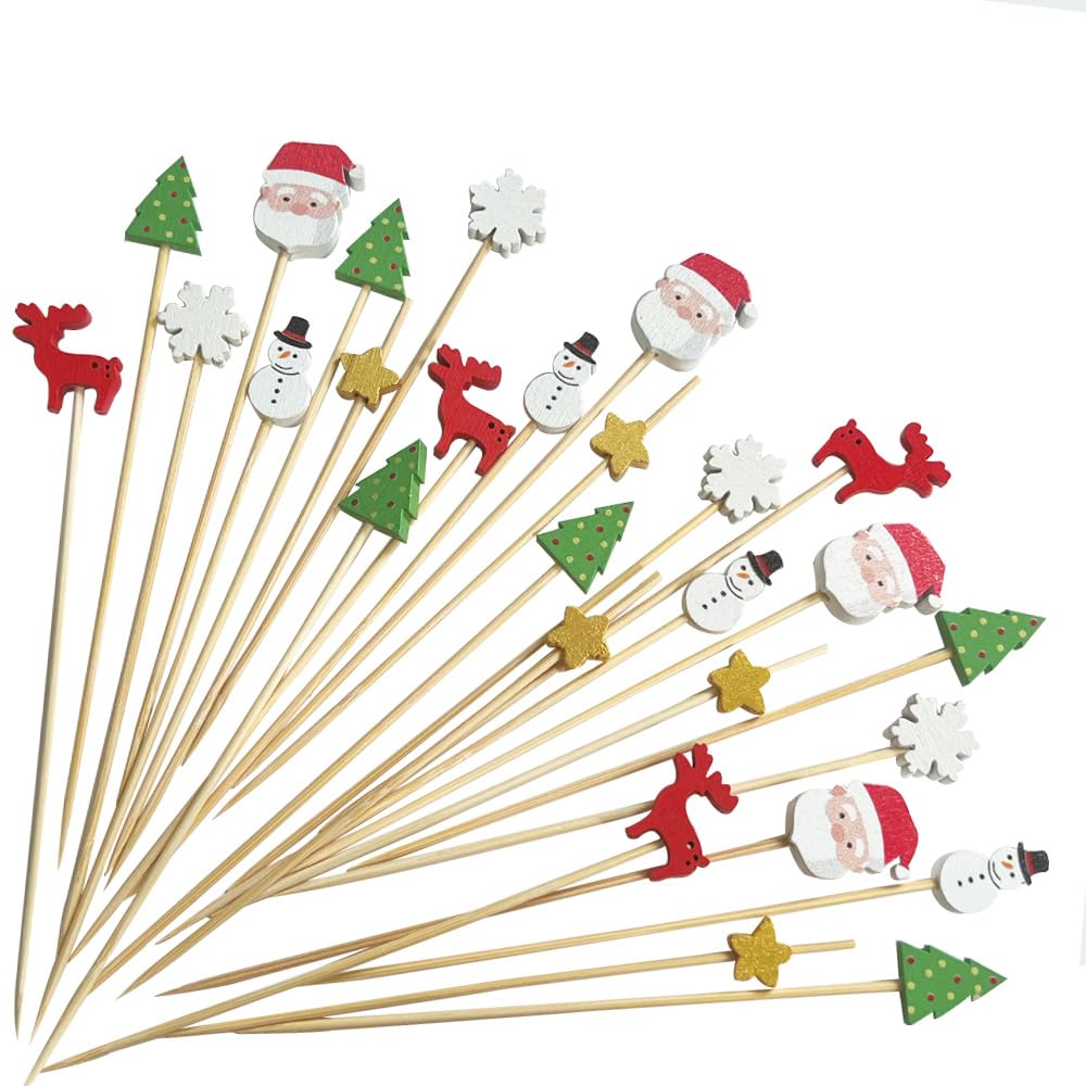 Photo 1 of 100 Pcs Christmas Cocktail Picks Santa Snowman Elk Xmas Tree Bamboo ToothPicks Appetizer Bamboo Toothpicks for Christmas Holiday Home Party Cake Food Decoration