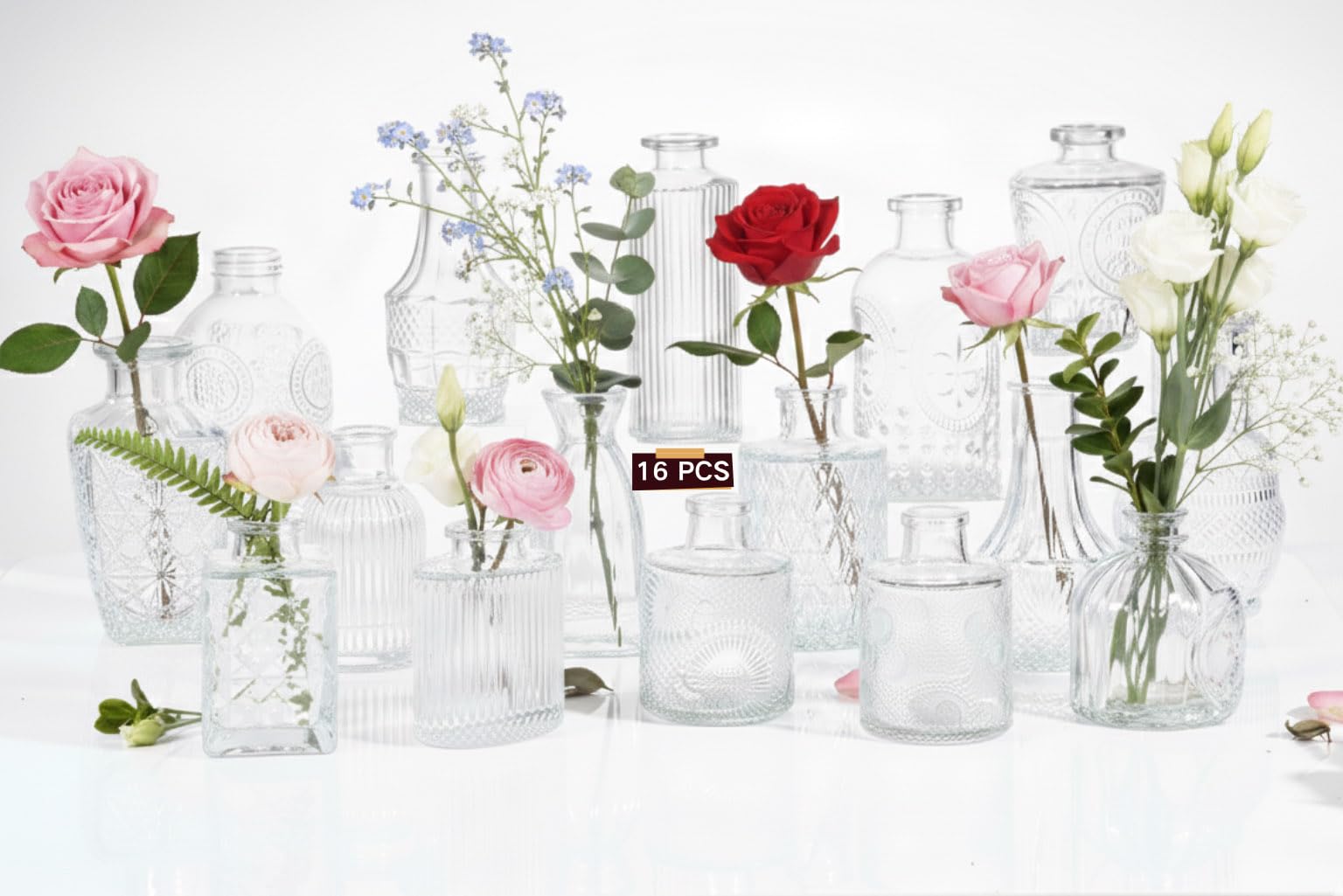 Photo 1 of 16 Pack Glass Bud Vases for Centerpieces - Bulk Small Flower Vases Set of 16, Mini Vintage Vases, 4 Styles for Party, Wedding Decorations, Baby Shower, Home Table Flower Décor (Clear)