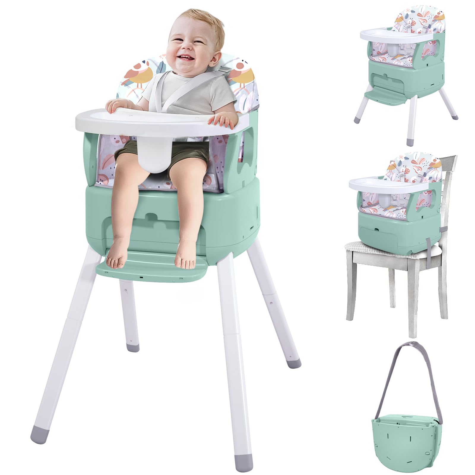 Photo 1 of 4 in 1 Portable Baby High Chair,Convertible Highchair for Babies and Toddlers-Foldable Infant Booster Seat,Carry Small Box,Dining Chair,Toddler High Chair with 5-Point Harness,Removable Tray-Green