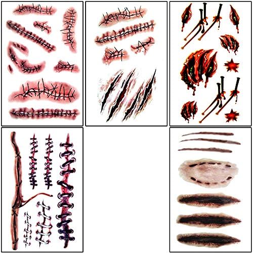 Niaody 5pcs Horror Realistic Fake Bloody Wound Stitch Scar Scab Waterproof Temporary Tattoo Sticker Halloween Masquerade Prank Makeup Props (Pack A of 5 Sheets)