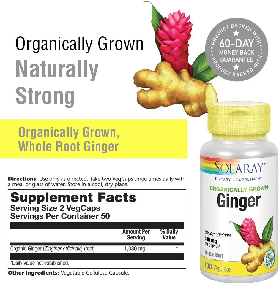 Solaray Organically Grown Ginger Root 540mg | Healthy Cardiovascular, Digestive, Joint & Menstrual Cycle Support | Vegan & Non-GMO | 100 VegCaps: Health & Personal Care