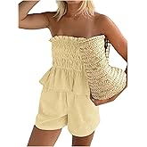KAOBIO Women 2 Piece Outfits Ruffle Stripe Shorts Set 2026 Summer Off Shoulder Smocked Crop Top Mini Shorts Matching Sets