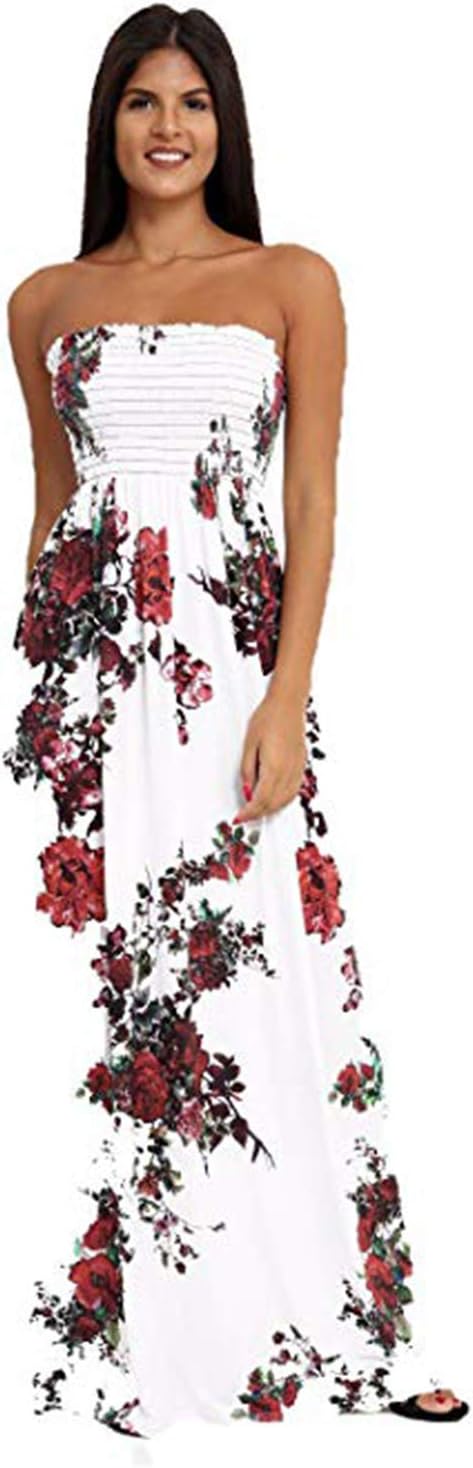 Loxdonz Women's Floral Maxi Dresses Plus Size Tube Top Long Shirring Sundress Cover Up