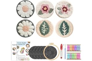 YYKSYDPT 6-Pack Flower Punch Needle Coaster Set Simple and Cute Adult Beginner Embroidery Set Handicrafts with Patterns Tools