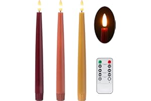 Stmarry Fall Flameless Taper Candles with Remote and Timer, 9.65 Inch Real Wax LED Candlesticks, Battery Operated Thanksgiving Candles with 3D Flickering Flame, Bordeaux, Terra Cotta & Caramel, 3 Pack
