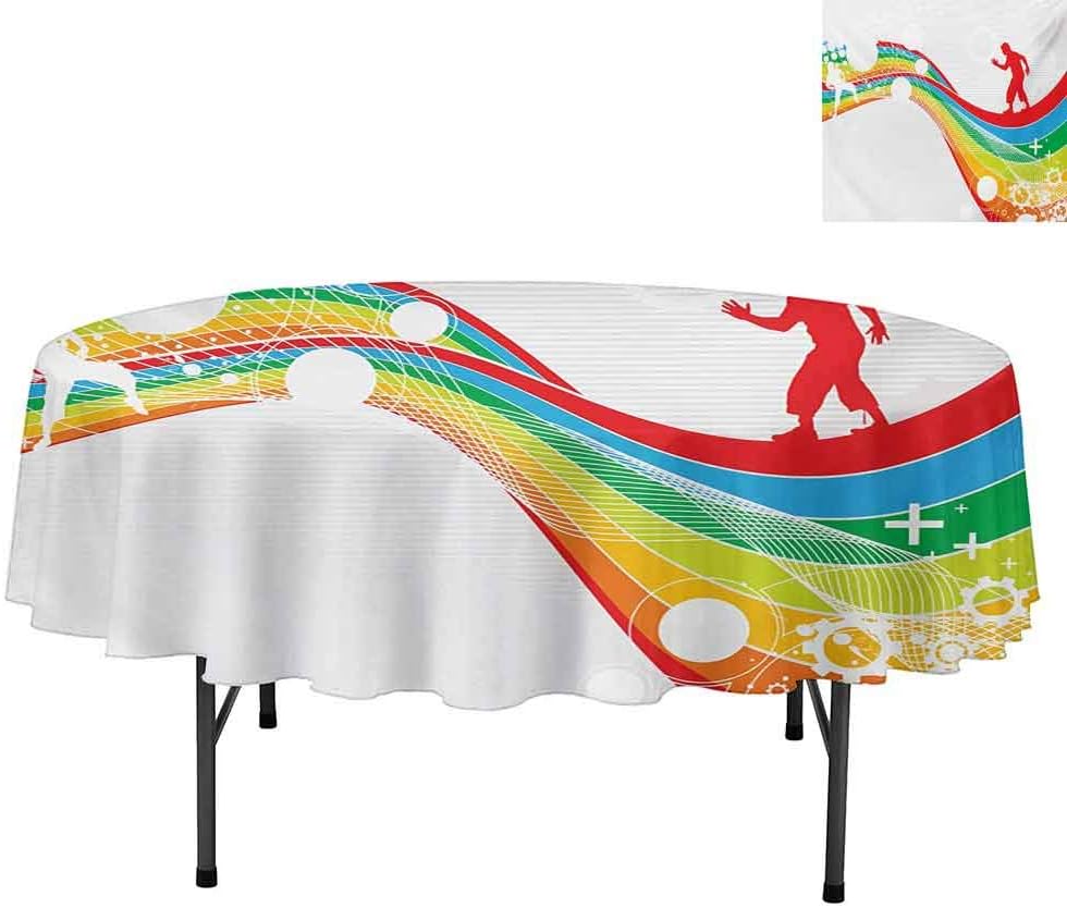 Tablecloths, Abstract Wave with Men Silhouettes Circles Stripes Dots, Table Cover for Kitchen Dinner Table, Round 36", Multicolor