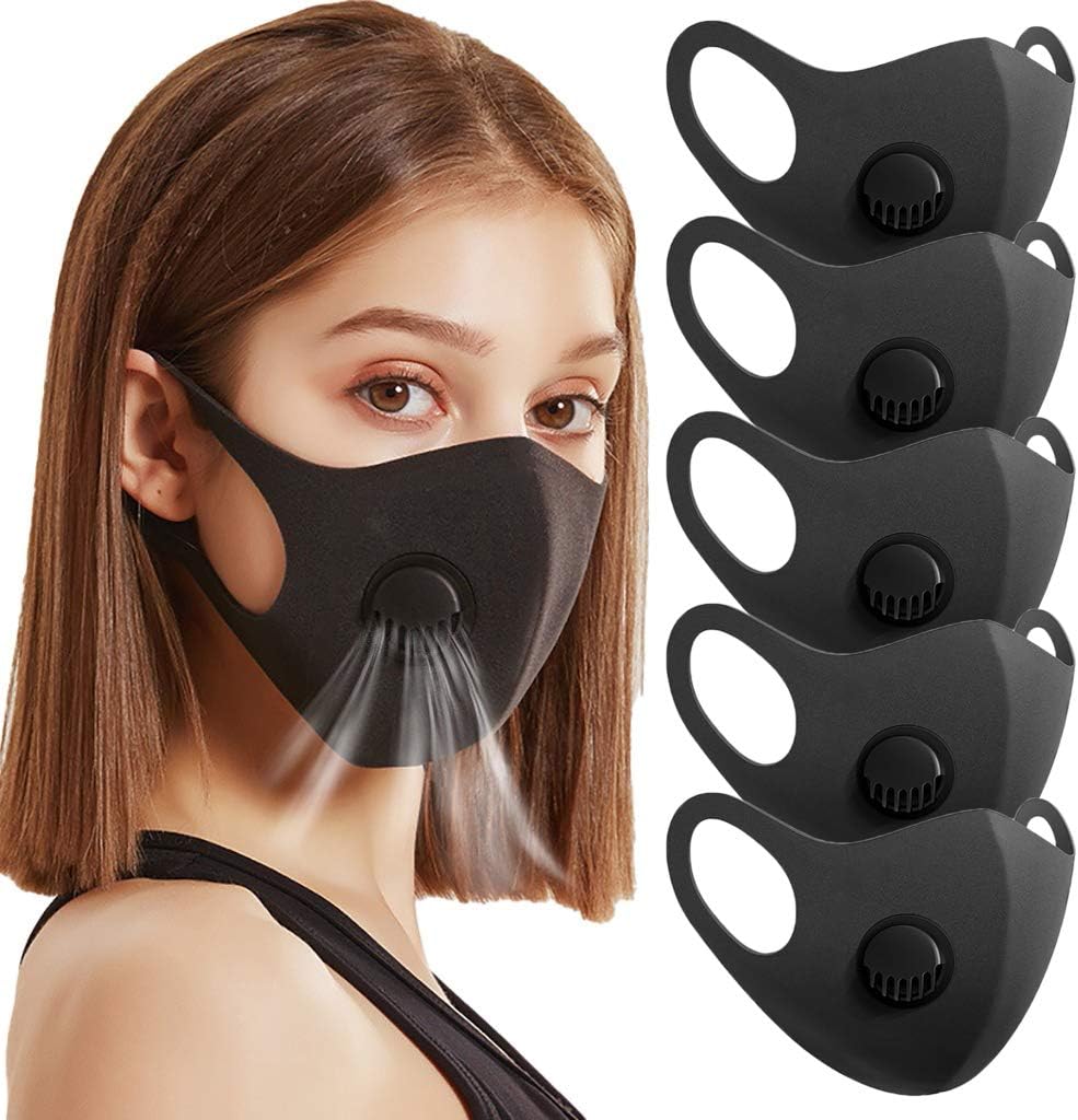 5pcs Reusable Washable Respirator with Filters Breather Valve for Adults, Dustproof Máscara Windproof PM2.5 Foggy Haze Pollution Face Protection 口罩 for (Black, 5)