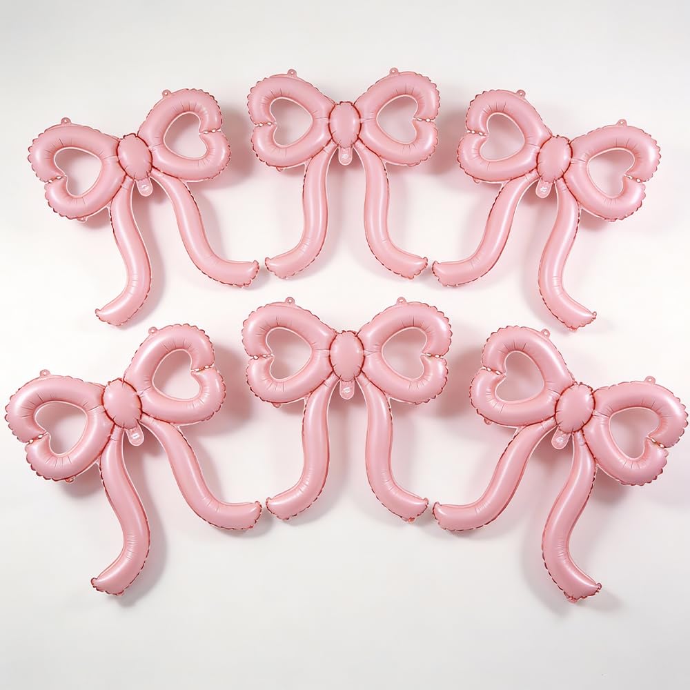 Bow Balloons Pink Heart-Shaped Aluminum Foil Balloons Set of 6 for Birthday Wedding Party Decorations